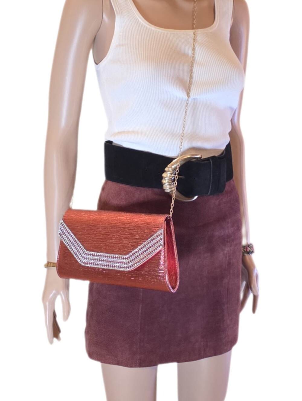 Metallic Red Rhinestone Chevron Envelope Evening Clutch Bag NWT